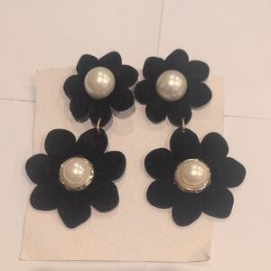 Black Velvet Floral Pearl Drop Clip On Earrings